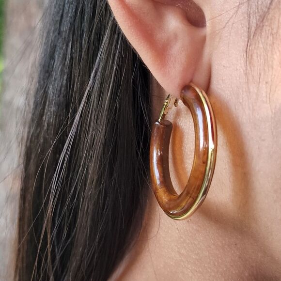 Butterscotch Resin Hoop Earring With Gold Plated Outline 1.64in - Picture 3 of 14